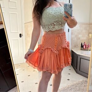 Chio Di Stefania orange mini skirt peekaboo design ruffle macrame xs sexy